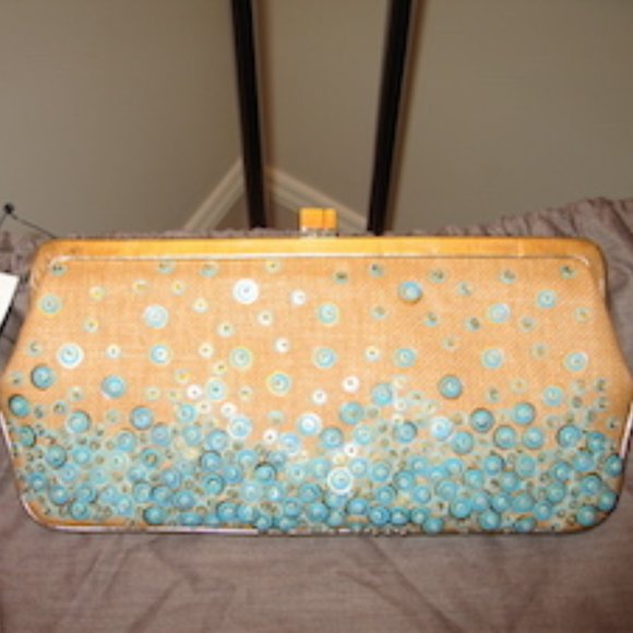 LAMBERSTON TRUEX-TAN FABRIC CLUTCH WITH TURQUOISE - Picture 1 of 6